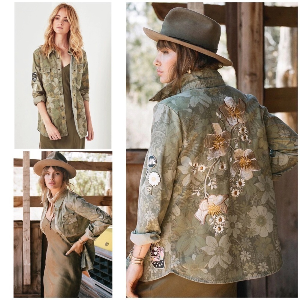 NWT Spell & The Gypsy Eden Camo Embroidered floral Patches Jacket S​​​​​​​